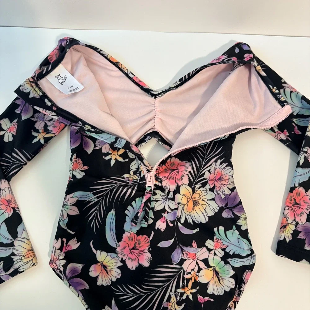 Art Class Swimsuit One Piece Floral Cutout Girls Size XS 4/5 Black Long Sleeved